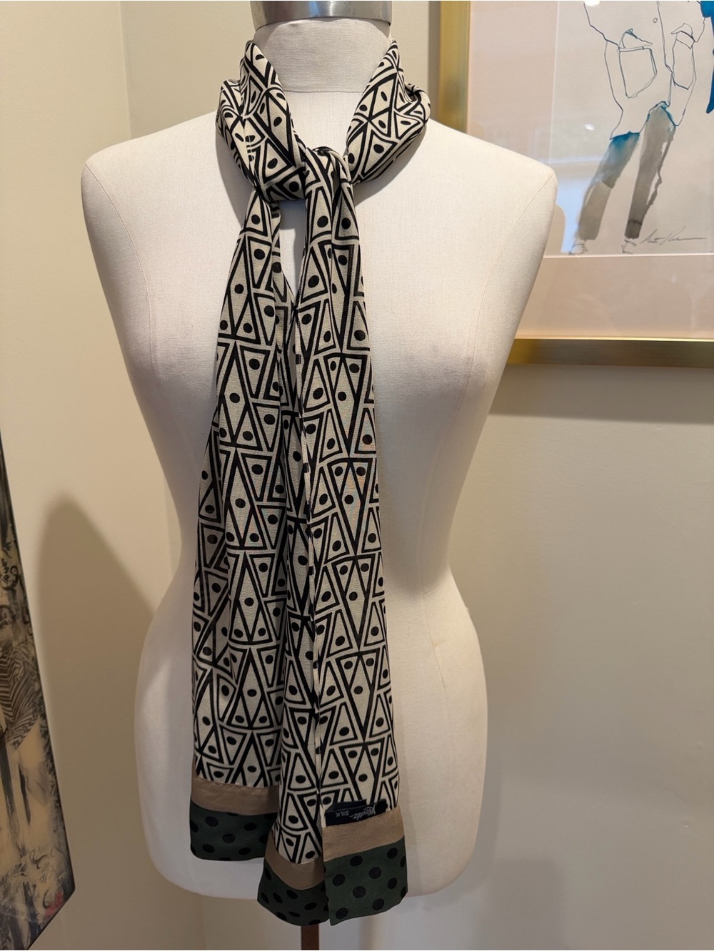Kamiya Silk Geometric Black and Cream Pattern Scarf